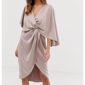 Satin kimono dress with knot & asymmetric sleeve